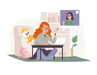 Vector flat cartoon illustration of young girl student at laptop having online lesson at home. Distance study, remote learning, online school classes, teaching. 