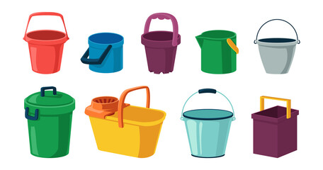 Cartoon bucket. Plastic and metal container with lid and handle for water. Open or closed tanks collection. Garbage cans. Household cleaning or garden tools. Vector bright pails set © SpicyTruffel