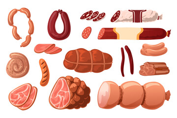 Cartoon sausages. Meat grocery assortment. Pork, chicken and beef smoked products. Butchery collection. Salami slices and ham rings. Delicious frankfurters. Vector gourmet food set