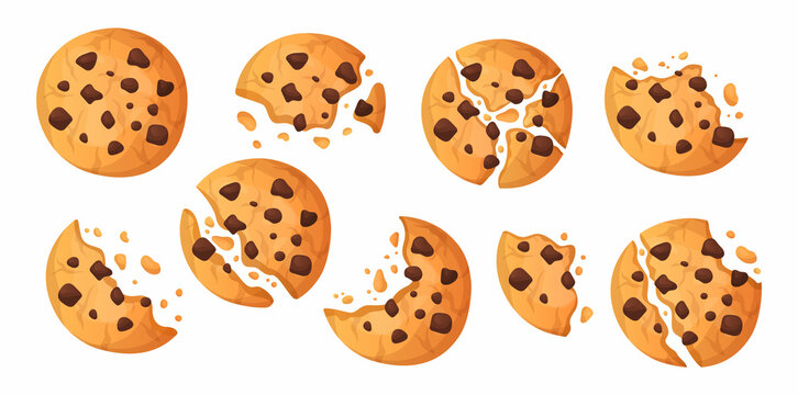 Chocolate Chip Cookie. Cartoon Sweet Cake With Butter Dough. Full And Half Isolated Pastry. Bitten And Crushed Choco Snack. Tasty Food Pieces And Crumbs. Vector Confectionery Products Set