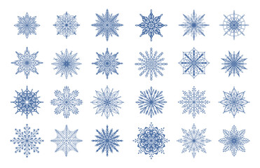 Cartoon snowflakes. Winter geometrical ornamental frozen water symbols. Christmas snow decorations mockup. Blue flakes isolated collection. Snowfall pictograms. Vector ice crystals set