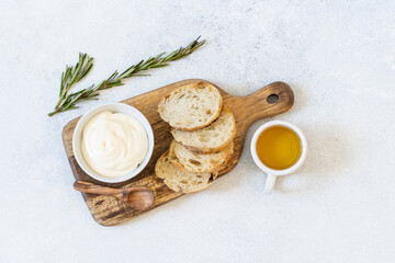 Fried toast made of fresh bread with sauce and olive oil. Alternative handmade food cooking concept. Top view, copy space