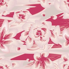 pink abstract wave background vector design with tropical flowers seamless pattern monochromatic  color style fashionable. Floral background. Exotic tropics. Summer design
