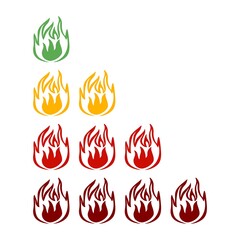 Fire indicator the degree of sharpness of the dish isolated on white background. Sticker different color for menu restaurant in flat style.