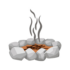 Burn out campfire between stone isolated on white background. Hiking fireplace in flat style.