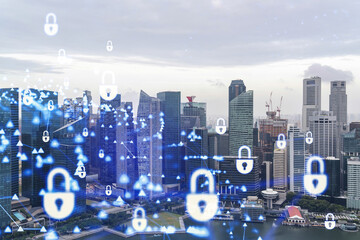 Fototapeta na wymiar Padlock icon hologram over panorama city view of Singapore to protect business in Asia. The concept of information security shields. Double exposure.