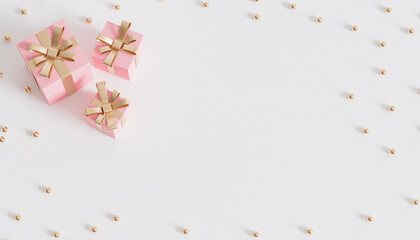 Pink gift boxes with golden ribbon on white background, 3d render