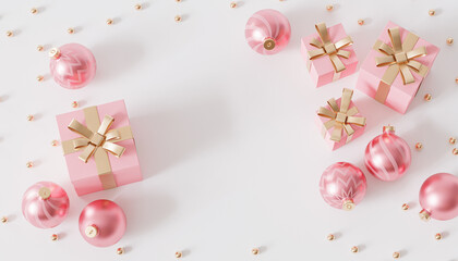 Fototapeta na wymiar Pink gift boxes with golden ribbon and baubles on white background, 3d render