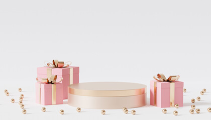 Golden podium or pedestal for products or advertising with gift boxes, 3d render