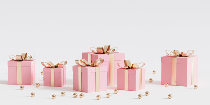 Pink gift boxes with golden ribbon on white background, 3d render