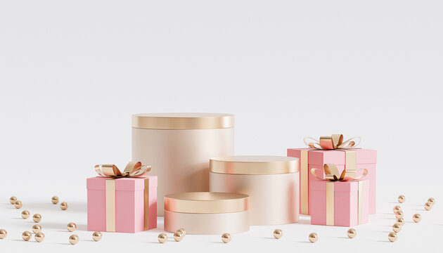 Golden podiums or pedestals for products or advertising with gift boxes, 3d render