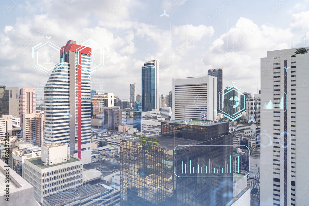 Poster technology hologram over panorama city view of bangkok. the largest tech hub in southeast asia. the 