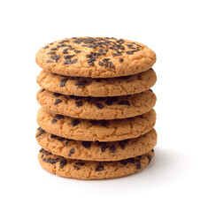 Front view of stacked chocolate chip cookies