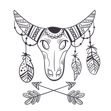 Boho style bull sketch design element concept. Vector cartoon illustration
