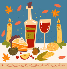 Happy thanksgiving day dinner cartoon hand drawn illustration