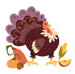 Happy thanksgiving day turkey bird character with fruit and vegetable cartoon hand drawn illustration