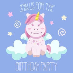 Obraz na płótnie Canvas Birthday party invitation with baby unicorn