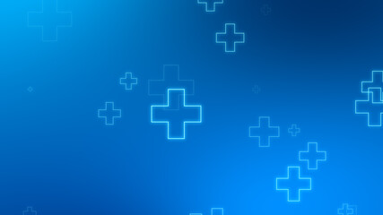 Medical health blue cross neon light shapes pattern background. Abstract healthcare technology and science concept.