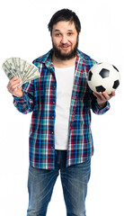 a man holding a soccer ball and a fan of money. the guy counts dollars, won the sports lottery, made a successful bet.