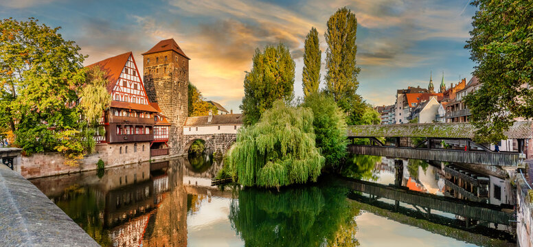 Nuremberg (Nürnberg), Henkersteg and Maxbrücke on a warm sunny autumn day