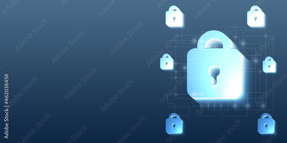Poster cyber security and data protection. virtual network connection, business networking padlock, and bus