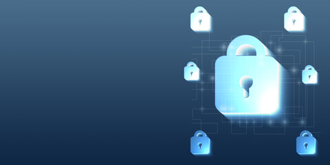 Cyber security and data protection. virtual network connection, business networking padlock, and business networking padlock, secure commercial and financial data, website, copy space. 3d rendering
