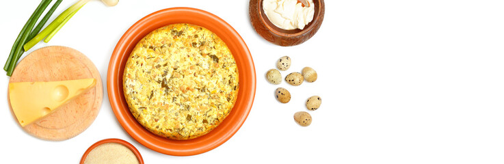 Cheese casserole with herbs isolated on white . Wide format. Place for your text.