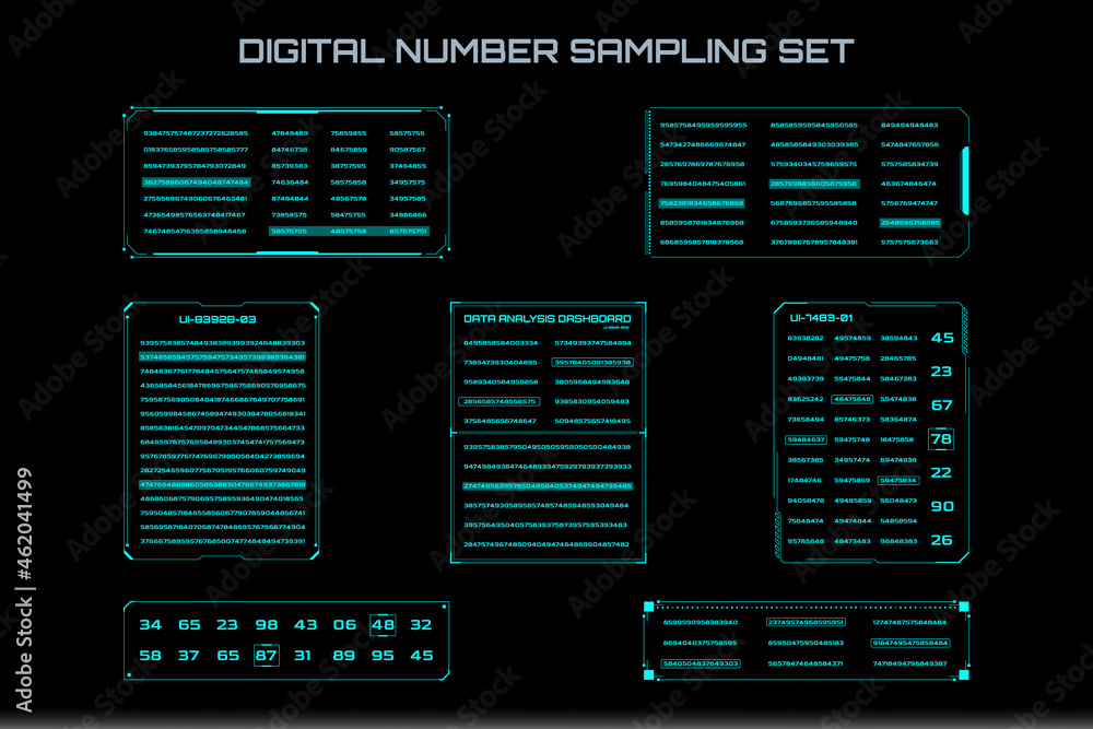 Aufkleber Futuristic Encoding Number Data Sampling Simulation Vector Set. HUD Technology Encoding Display Information Element.
