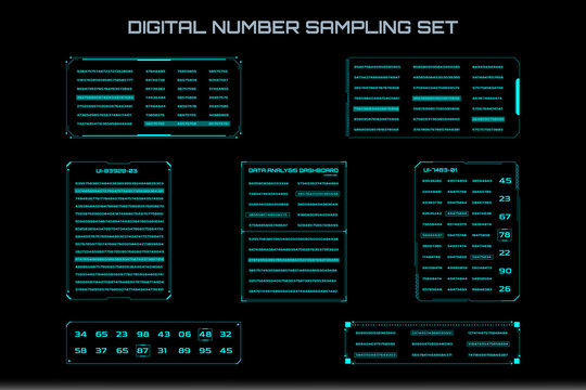 Futuristic Encoding Number Data Sampling Simulation Vector Set. HUD Technology Encoding Display Information Element.