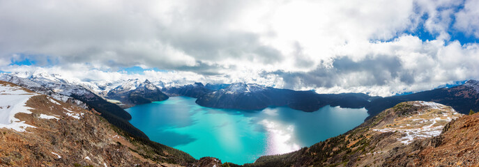 Panoramic landscape view of Garibaldi Lake. Sunny and cloudy Fall Day. Taken from top of Panorama...