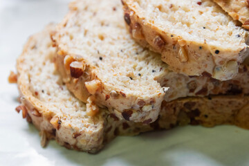Super grains sliced bread. Health food to reduce high blood pressure, cholesterol and healthy heart. Health food concept with super foods. Top view.