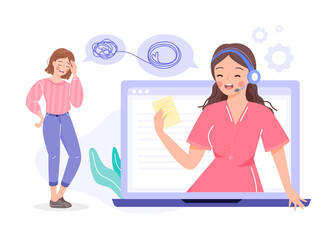 Online psychotherapy concept, psychological counseling service, female psychologist consulting young adult girl patient and taking note. Woman with mental disorder standing in front of computer.Vector