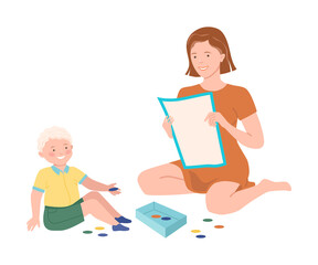 Mom and son playing board game together. Family having good time together cartoon vector illustration