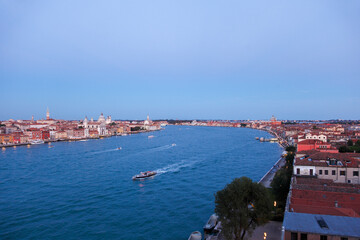View from the roof terrace of the Hilton Molino Stucky Venice, Guidecca, Venice, Veneto, Italy.