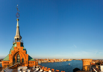 Roof terrace of the Hilton Molino Stucky Venice, Guidecca, Venice, Veneto, Italy.