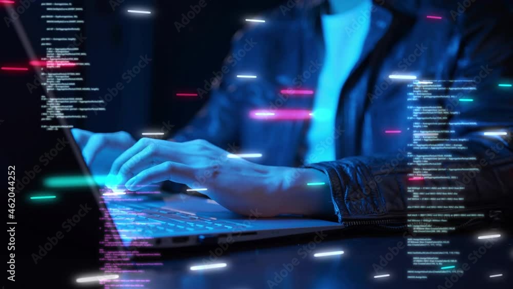 Aufkleber business man using computer hand typing keyboard futuristic cyber security computer coding, nft cryp
