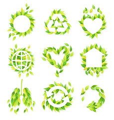 Symbols made of green leaves set. Logo, emblem, creative ecology signs templates design vector illustration