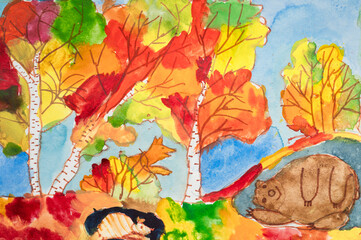 Fototapeta na wymiar children's diy watercolor drawing - the bear is lying underground and the fox is standing in the bushes on fallen yellow red leaves in the autumn forest under the blue sky. kids art handmade painting