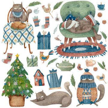Set of watercolor hand painted isolated Christmas elements and cute characters: cat , Christmas tree, presents, Christmas toys, lollipops, candle, teapot, cookies