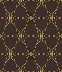 Doodle star seamless pattern. Diagonal geometrical sketch ink stroke, thin gold line grid. Brown easy editable color background. Vector