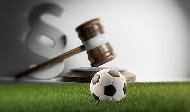judge gavel and soccer ball on soccer field 3d-illustration