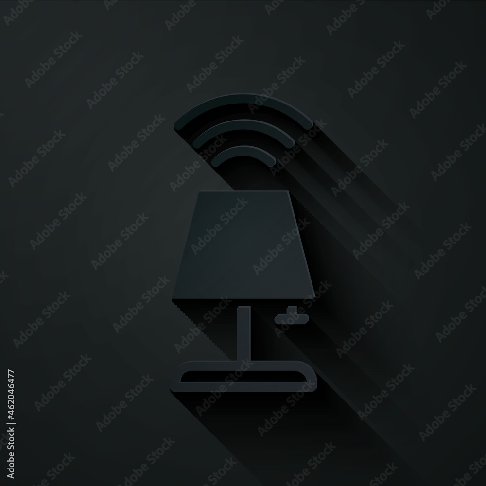 Poster Paper cut Smart table lamp system icon isolated on black background. Internet of things concept with wireless connection. Paper art style. Vector