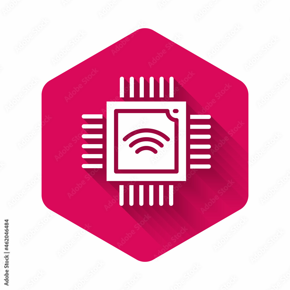 Poster white computer processor with microcircuits cpu icon isolated with long shadow. chip or cpu with cir