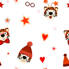 Vector seamless pattern tiger face smile cute christmas winter template repetition graphic