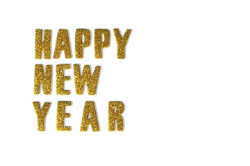 Happy new year text in gold glitter letters. New Year's decor.