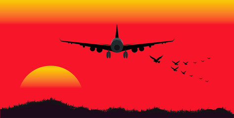Fototapeta na wymiar llustration of airplane on sunset.Traveling by plane on vacation.Travel after quarantine from Covid-19 concept.