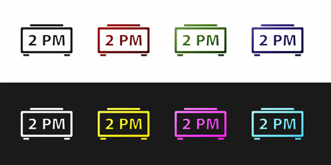 Set Digital alarm clock icon isolated on black and white background. Electronic watch alarm clock. Time icon. Vector