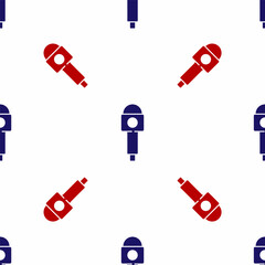 Blue and red Microphone icon isolated seamless pattern on white background. On air radio mic microphone. Speaker sign. Vector