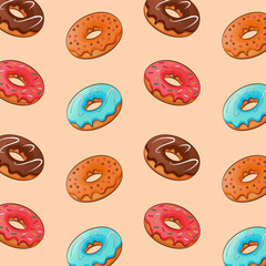Set Donuts with chocolate, pink sugar, caramel and blue sugar icing with sprinkles on a beige background