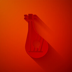 Paper cut Ukrainian traditional musical instrument bandura icon isolated on red background. Paper art style. Vector